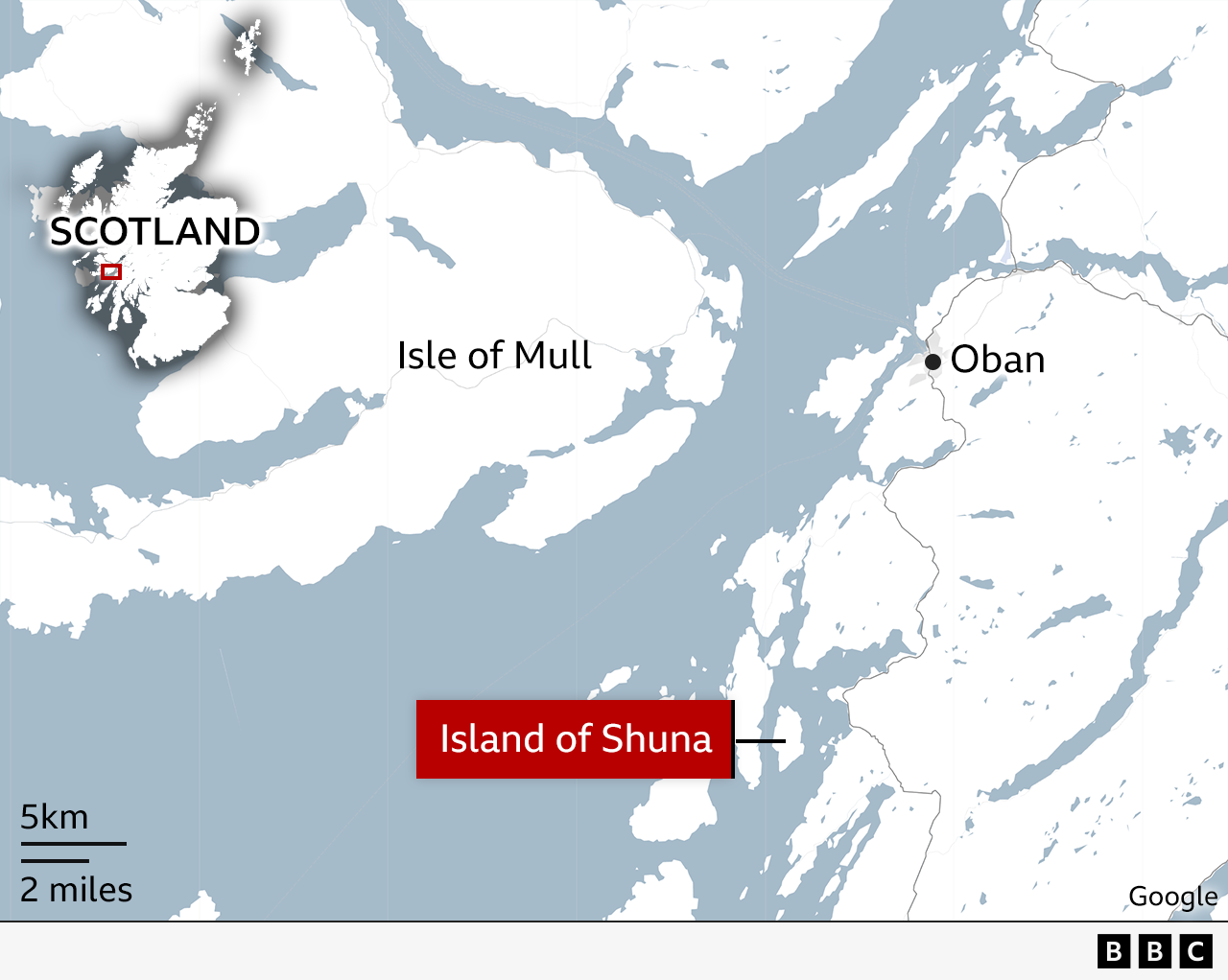 Map of western Scotland showing the Island of Shuna near the Isle of Mull and south of Oban, with distance scale and inset locator map showing where it is in Scotland