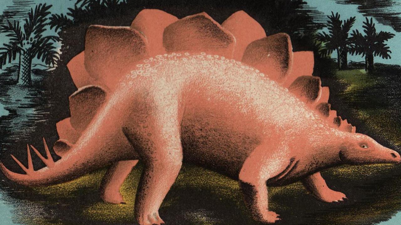 Puffin Picture Book 55 Extinct Animals, 1947 by Hilary Stebbing, showing a dinosaur that looks pink in colour. There are painted trees around it and it is standing on ground.