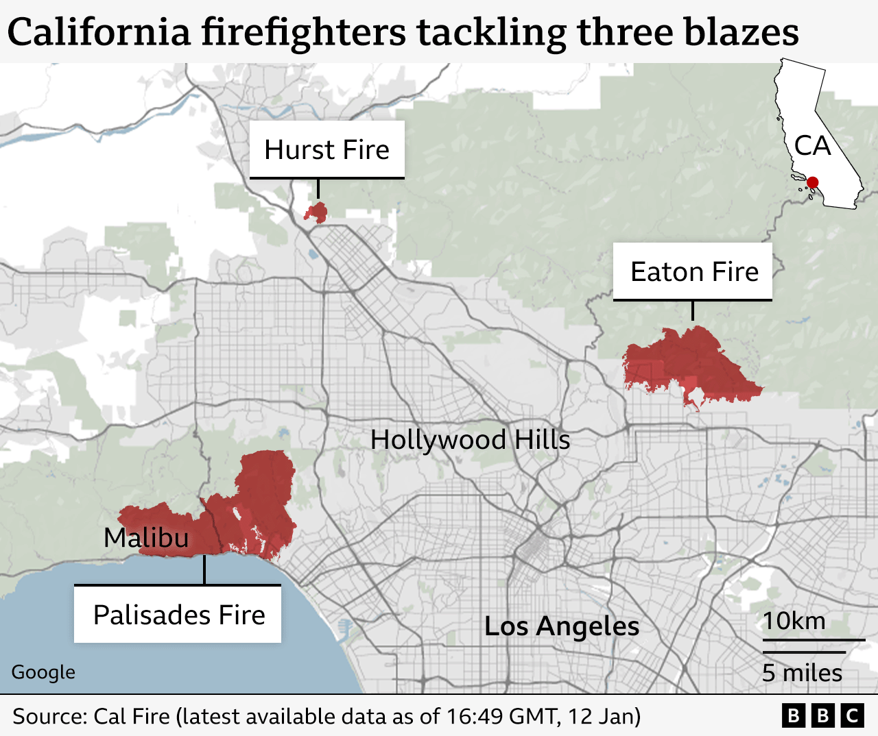 Map with title "California wildfires tackling three blazes", shows the locations of the Palisades, Eaton and Hurst fires in Los Angeles.