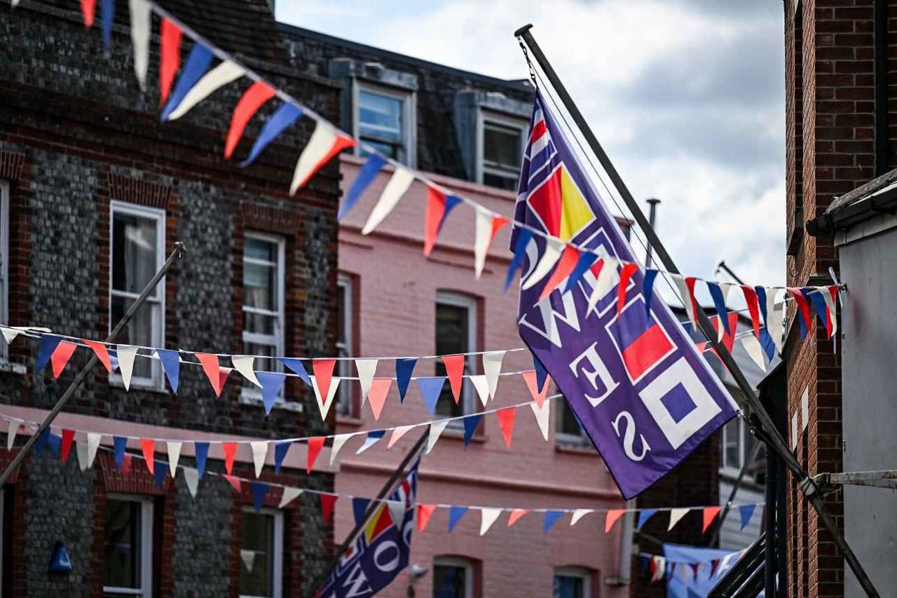Bunting and flags adorn the streets in Cowes
