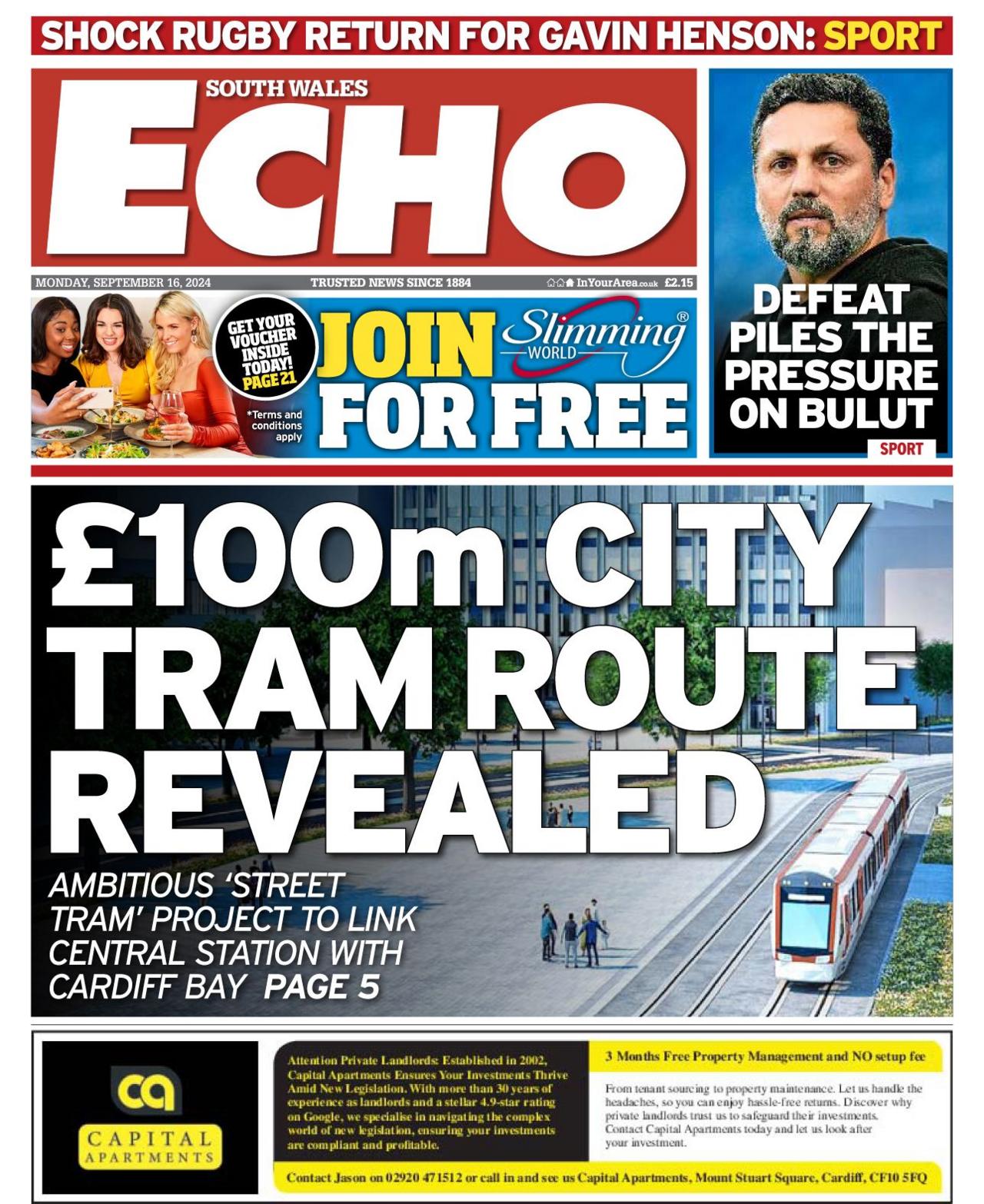 Front page of the South Wales Echo