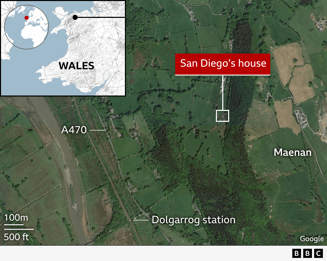 Aerial map showing the location of Daniel San Diego's house at Maenan in Conwy county, with an inset showing where it is in Wales, and another inset showing Wales' location on a global map