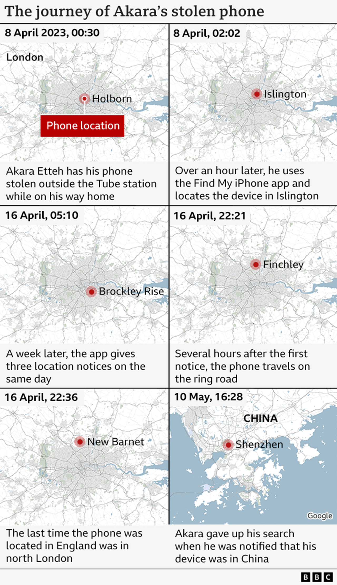 A map showing the phone's locations popping up across London, before appearing in China.