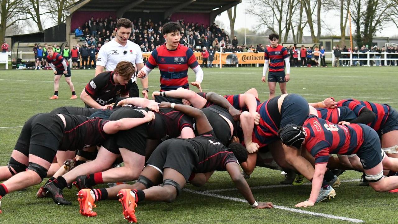 Rugby players from NSB and Campion School are in a scrum and the ball is about to be fed. A referee in a white shirt is standing next to the scrum and there is a crowd of people watching in the background.