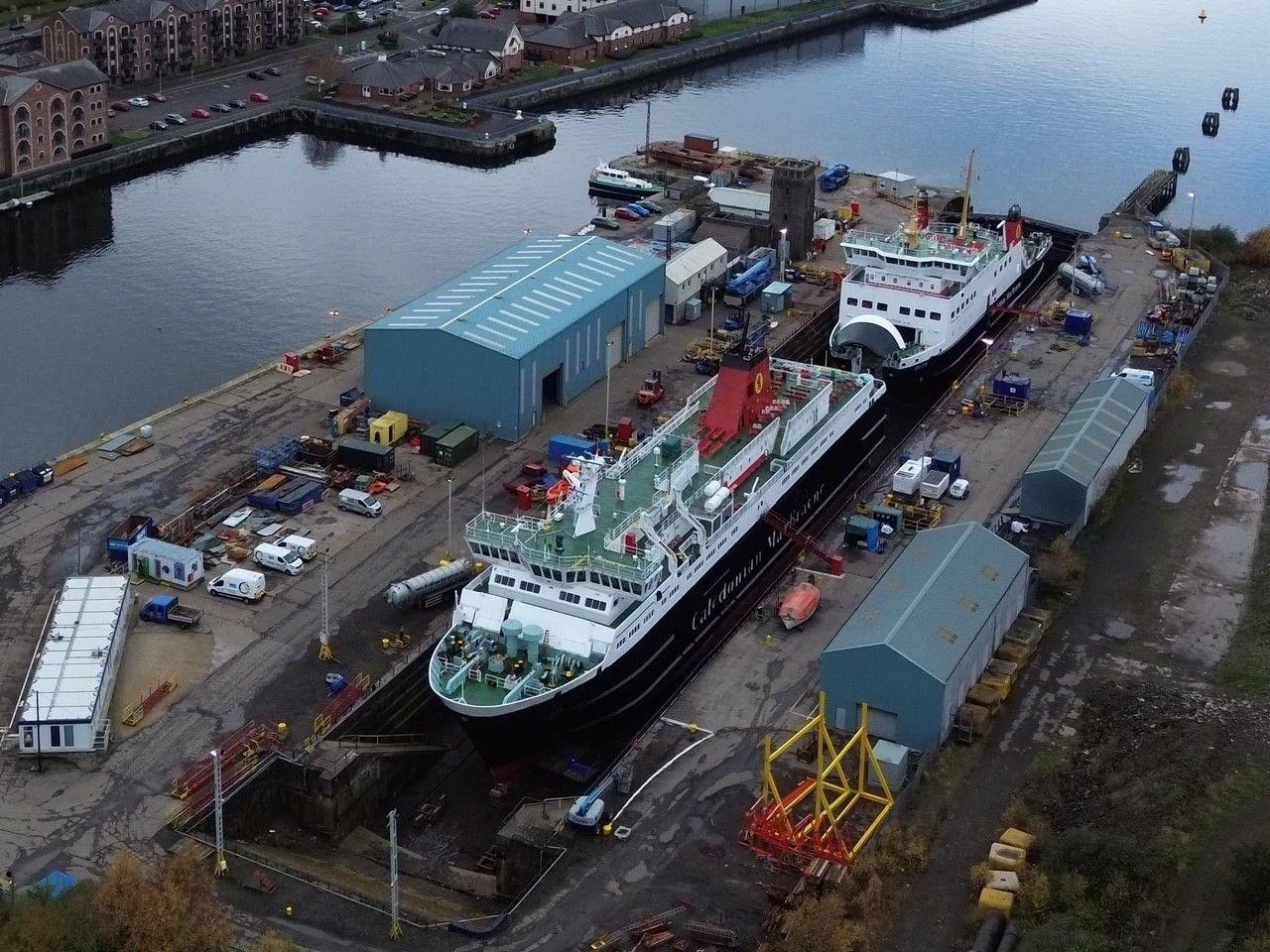 A overhead drone shot of the MV Caledonian Isles in dry dock at Greenock.