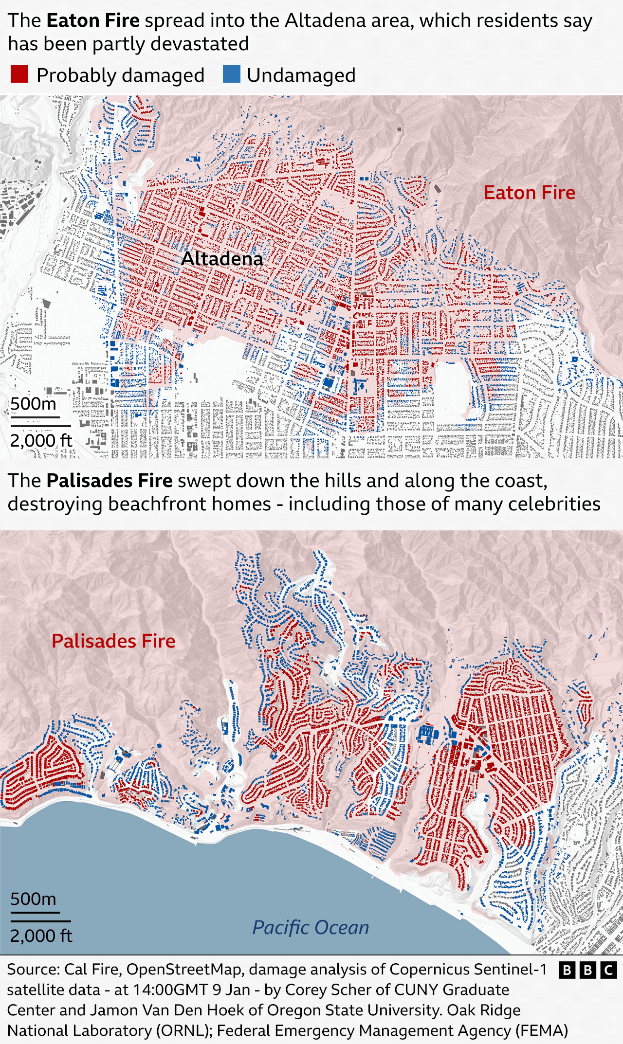 Composite map showing in red the extent of the Eaton and Palisades fires and the buildings they have damaged in the area. The Eaton Fire (top) spread into working-class areas of Altadena, which residents say has been completely devastated. The Palisades Fire (bottom) swept down the hills and along coast, destroying beachfront homes, including those of many celebrities.