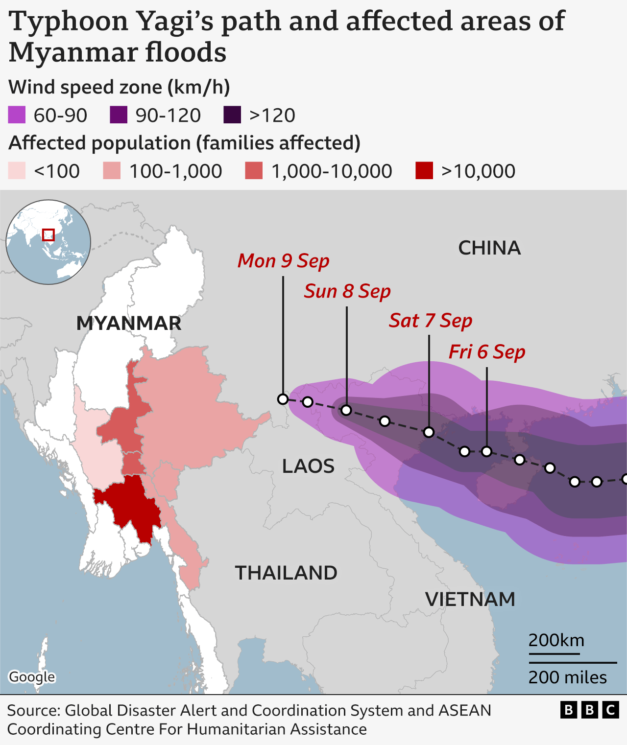 A map showing Typhoon Yagi's path eastwards and the areas of Myanmar most affected by flooding.