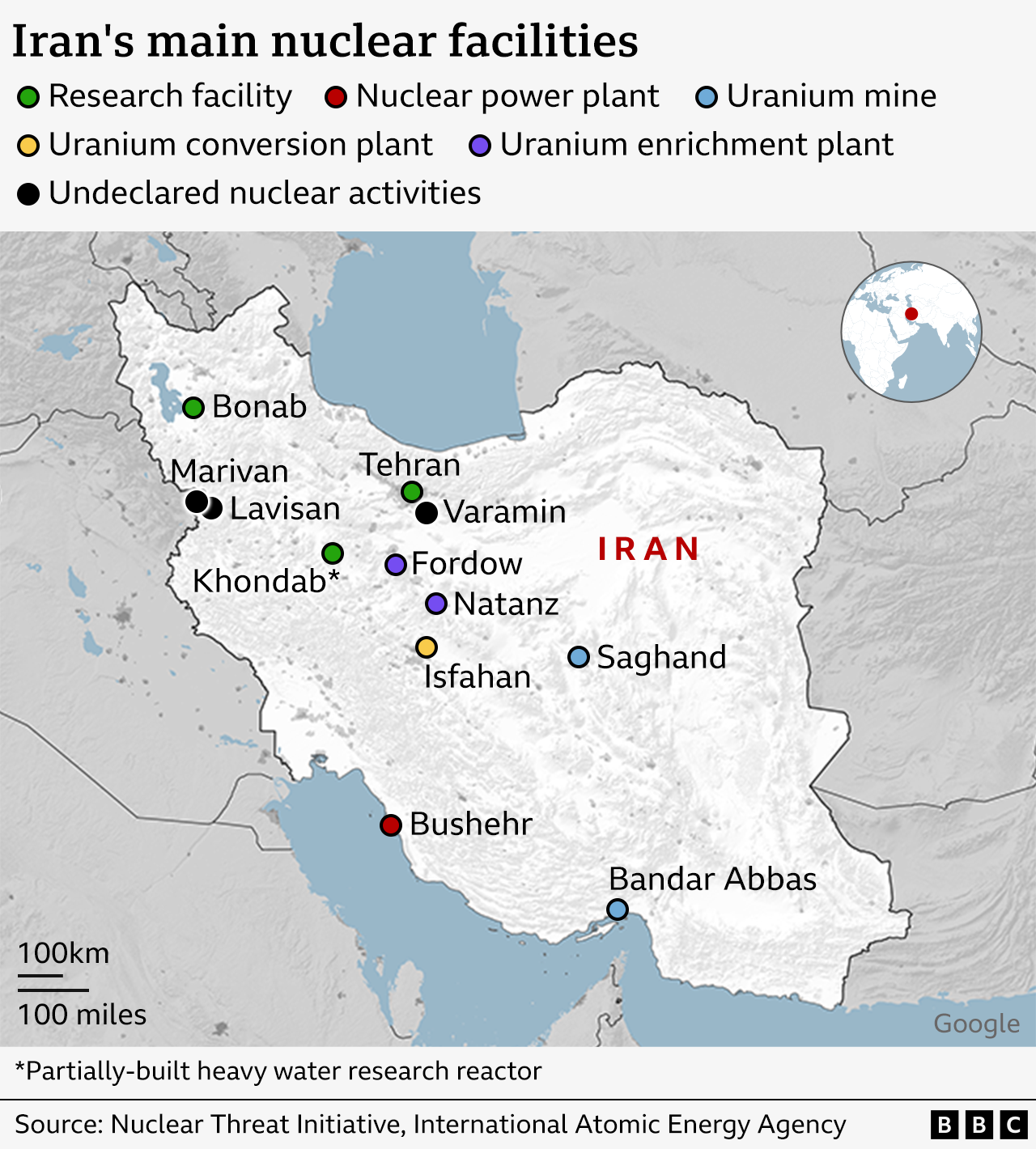 Map showing Iran's main nuclear facilities including two uranium enrichment plants at Natanz and Fordow in the centre of the country, three research facilities - including one in Tehran - and a power plant to the south of the country