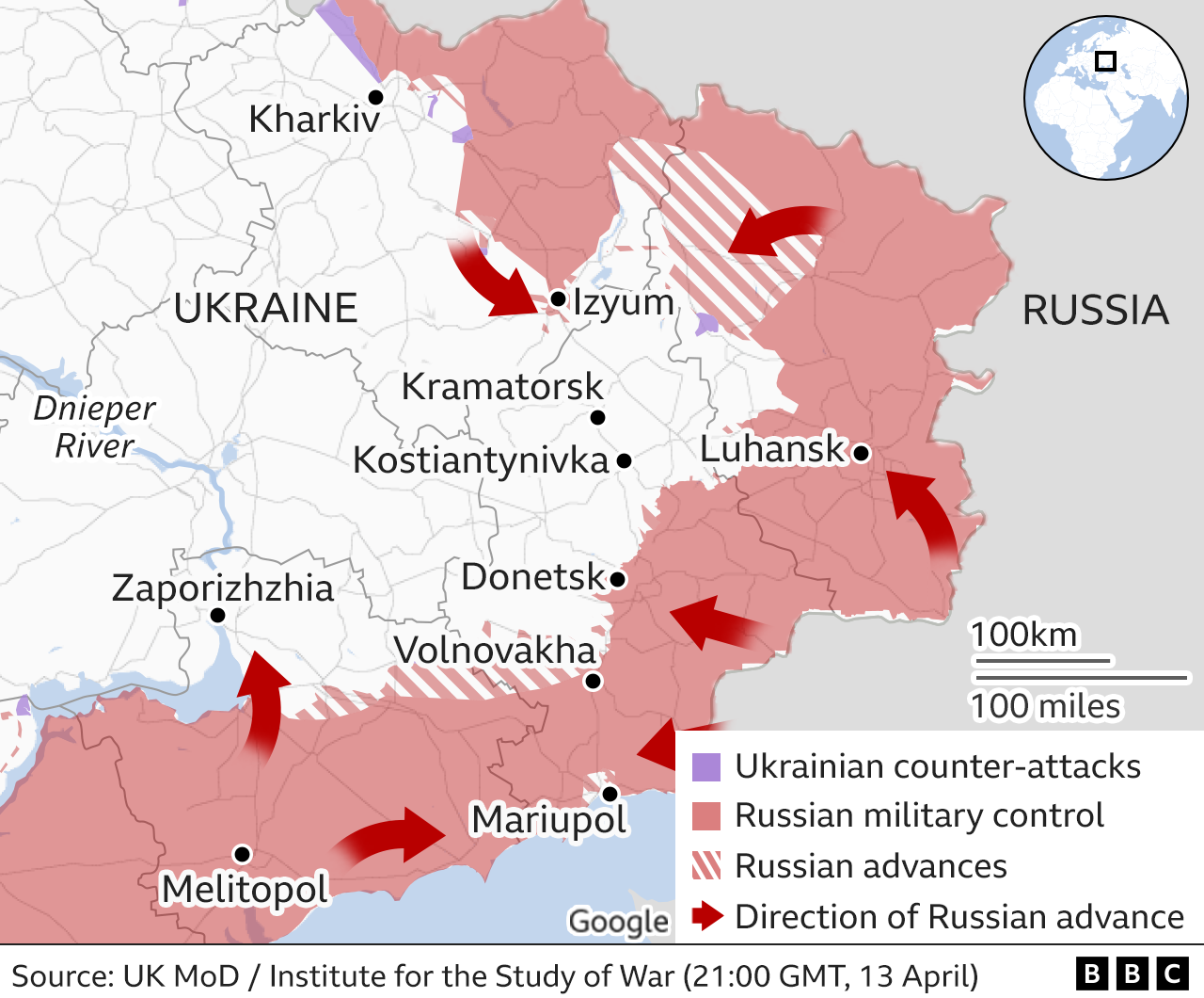 Map showing the Russian military advance into Ukraine from the east