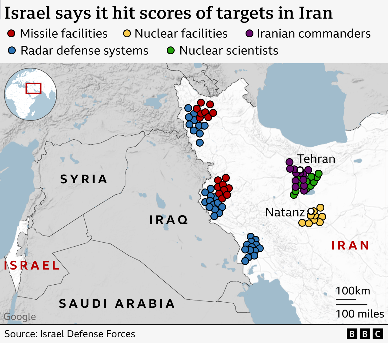 Map showing sites the Israeli military says it hit, including missile facilities, nuclear facilities, and radar defence systems