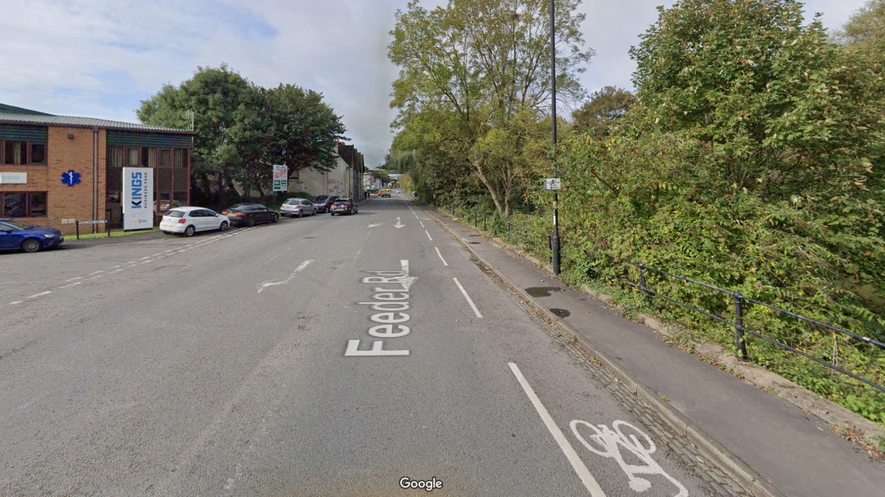 A Google Maps screengrab looking down Bristol's Feeder Road with the canal on the right hand side