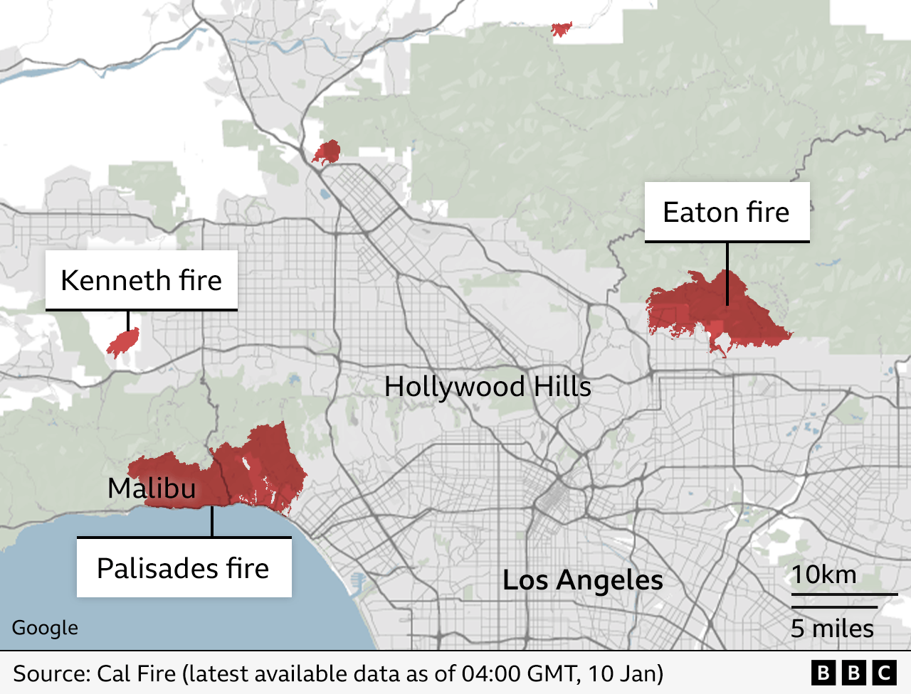 Map showing location of five fires around Los Angeles, their shapes based on the latest data from Cal Fire at 19:00PST on 9 Jan - and the proximity to Malibu