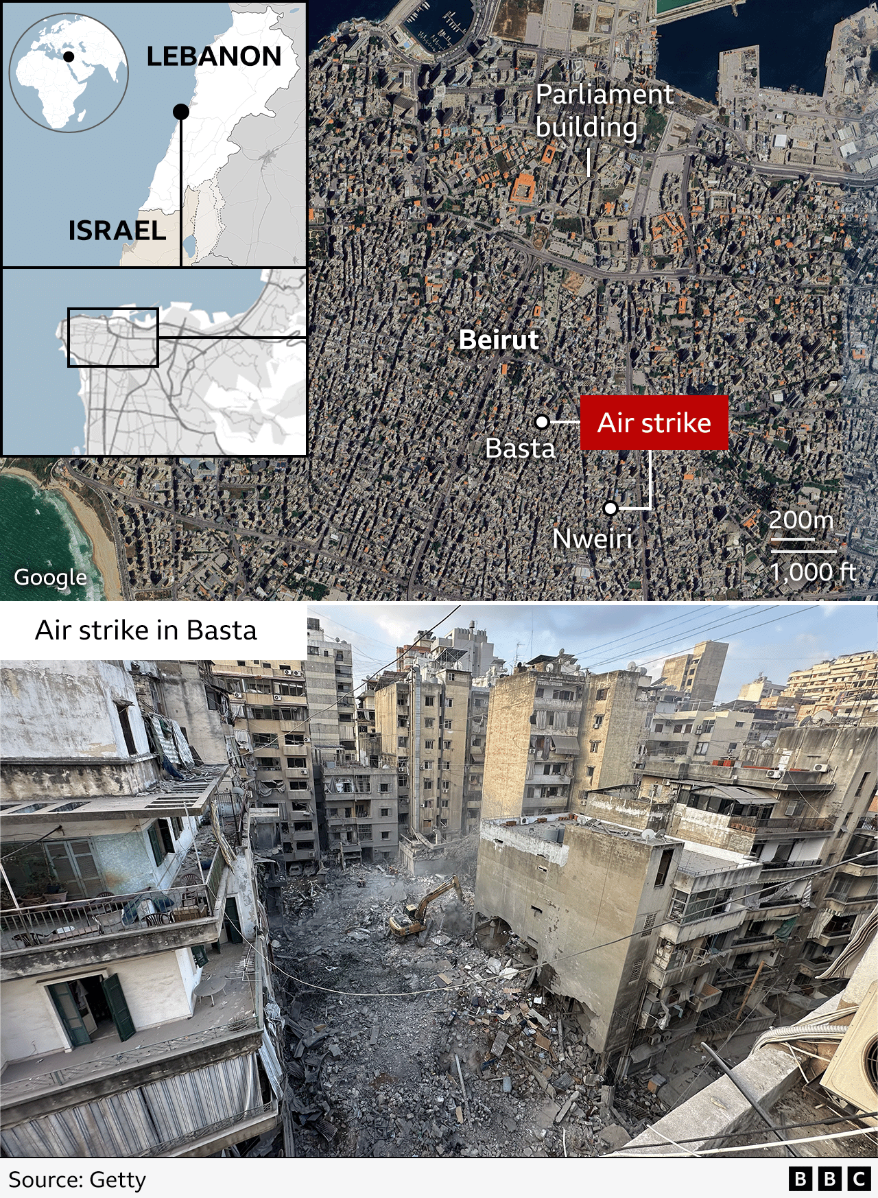 Map shows a close-up satellite image Beirut with location of two air strikes labelled - in Basta and Nweiri just south of the parliament building near the port to the north. Below the map is a photo of the damaged caused at Basta with rubble where a building once stood.