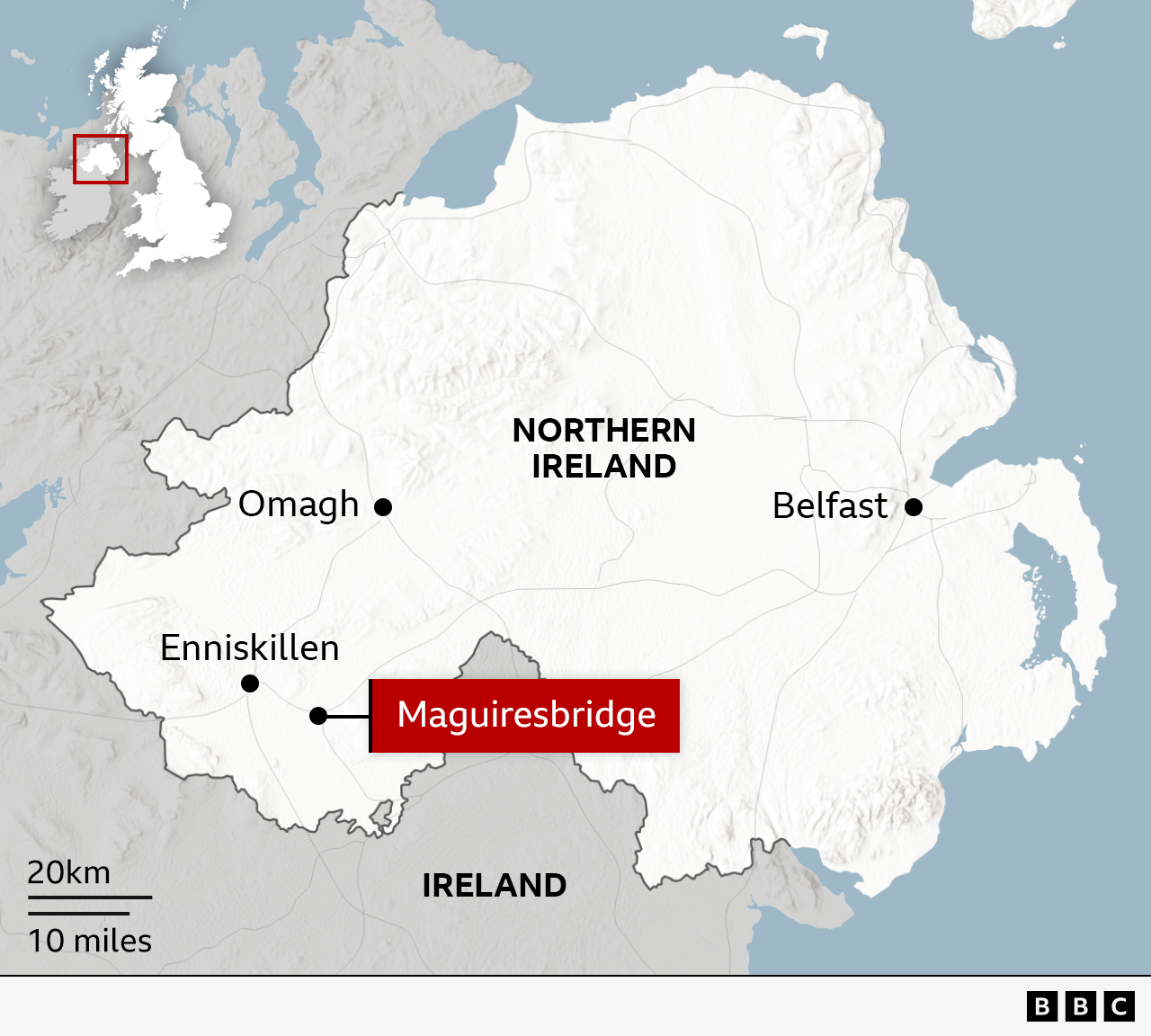 Map of Northern Ireland showing the location of Maguiresbridge in the southwest of the country, about 25 miles (40km) south of Omagh