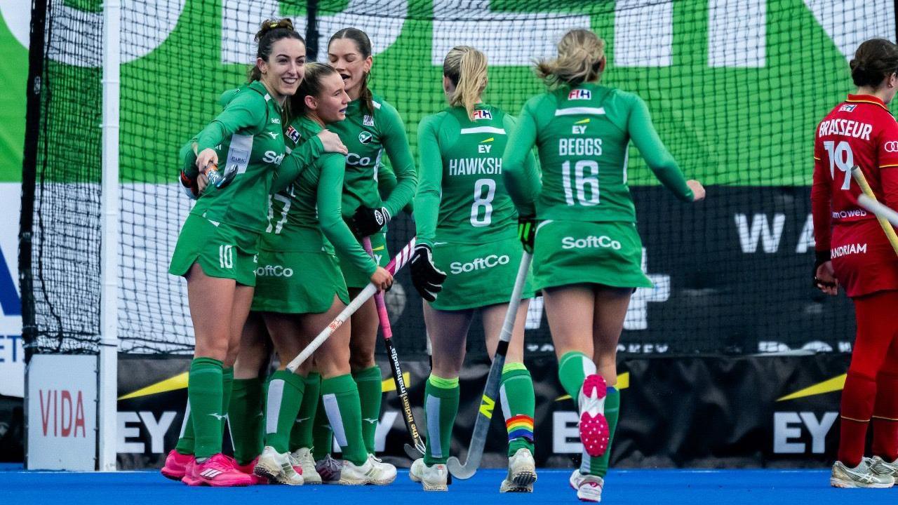 Ireland celebrate Sarah Torrans’s goal against Belgium