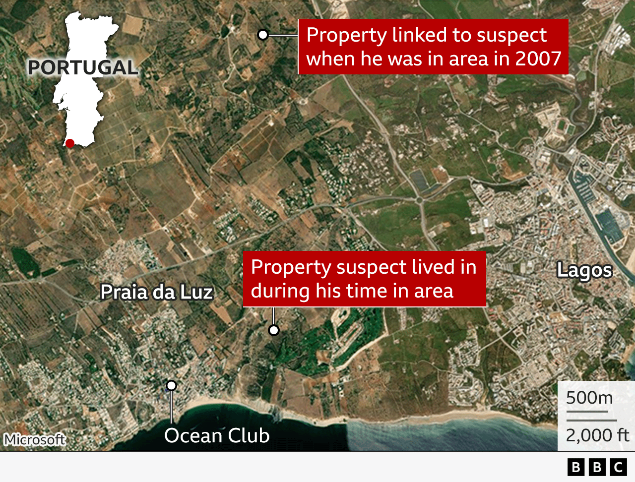A map showing the Ocean Club in Praia da Luz and two properties linked to the suspect in the German investigation into the disappearance of Madeleine McCann.