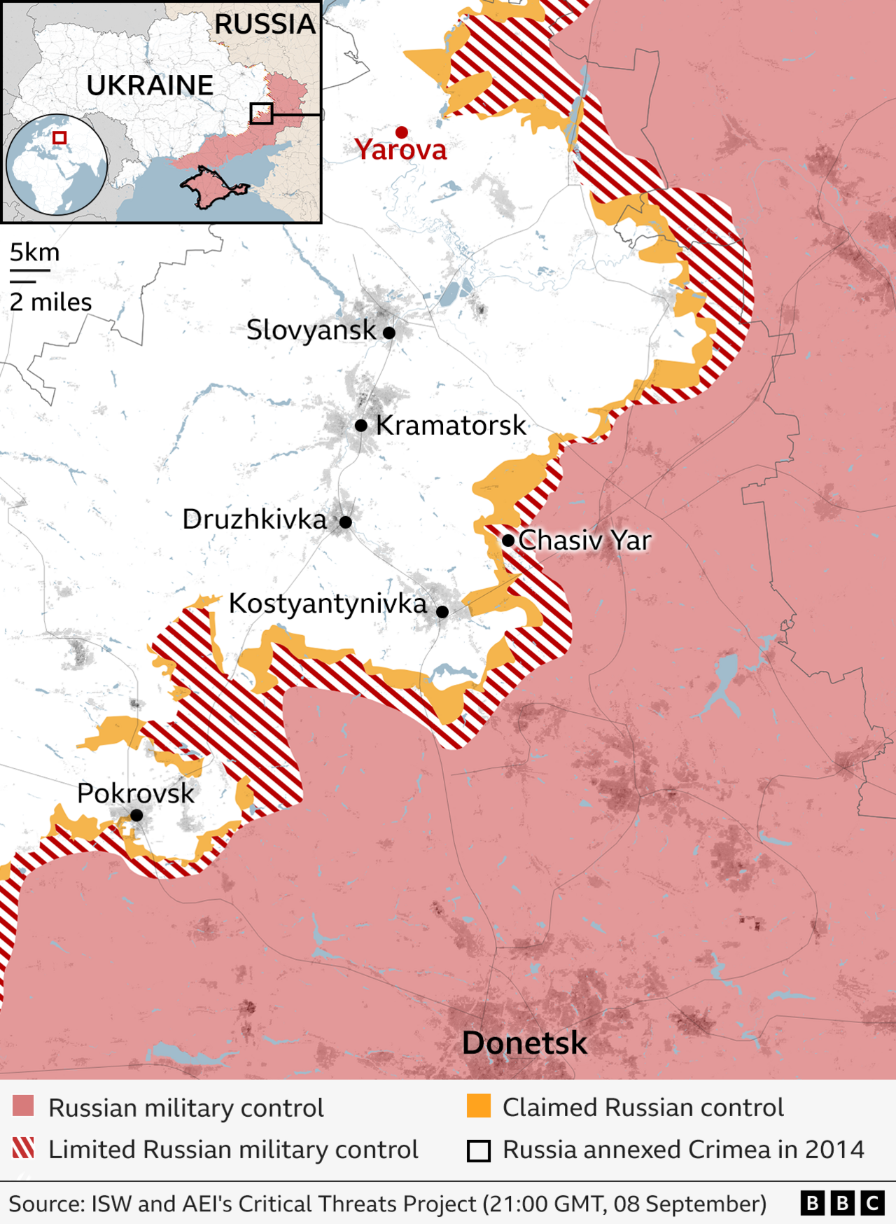 Map of eastern Ukraine showing Yarova and the red areas under Russian control