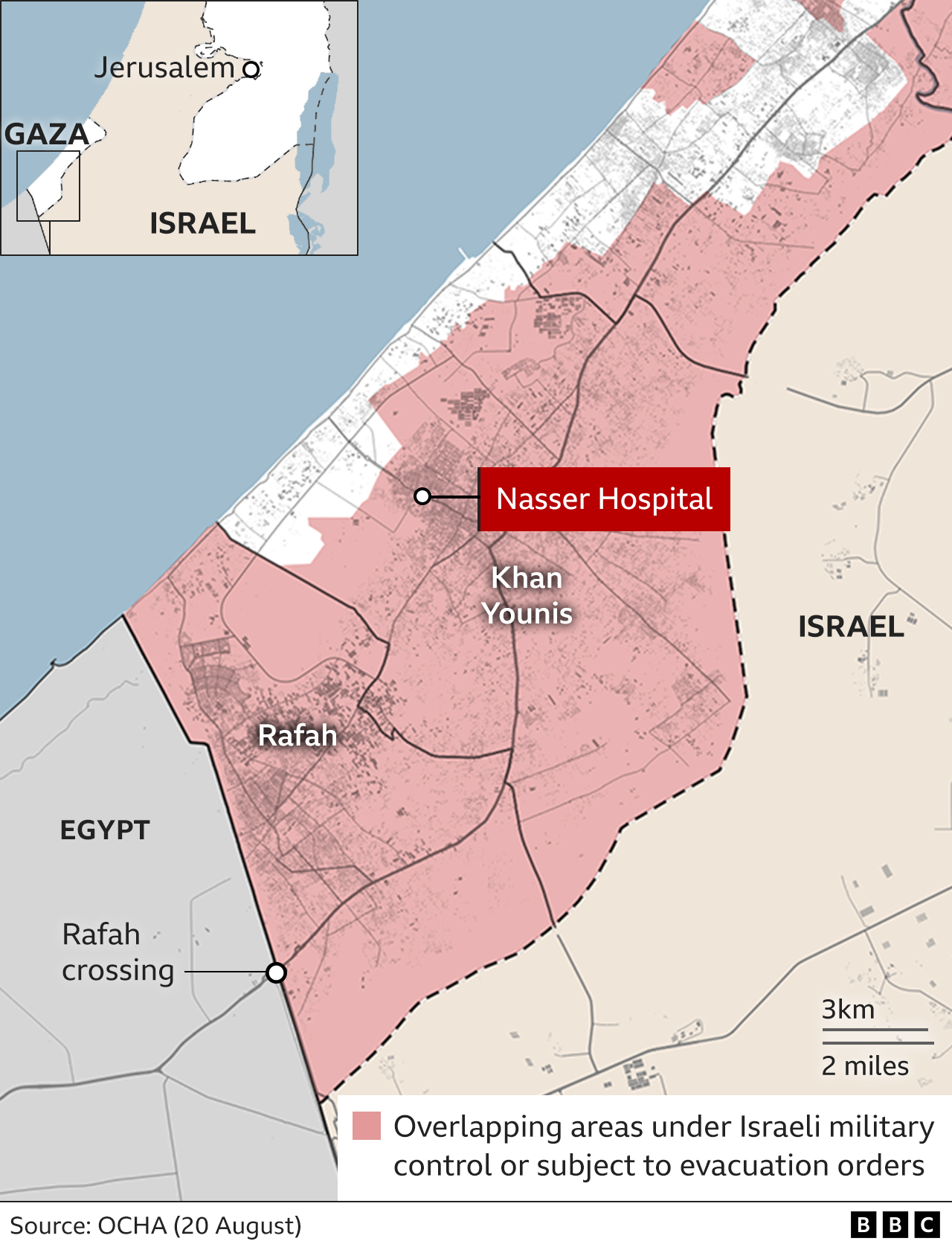 A map showing the location of Nasser Hospital in Khan Younis, in southern Gaza. The hospital sits within an area coloured red on the map, which shows it is under Israeli military control or subject to evacuation orders.
