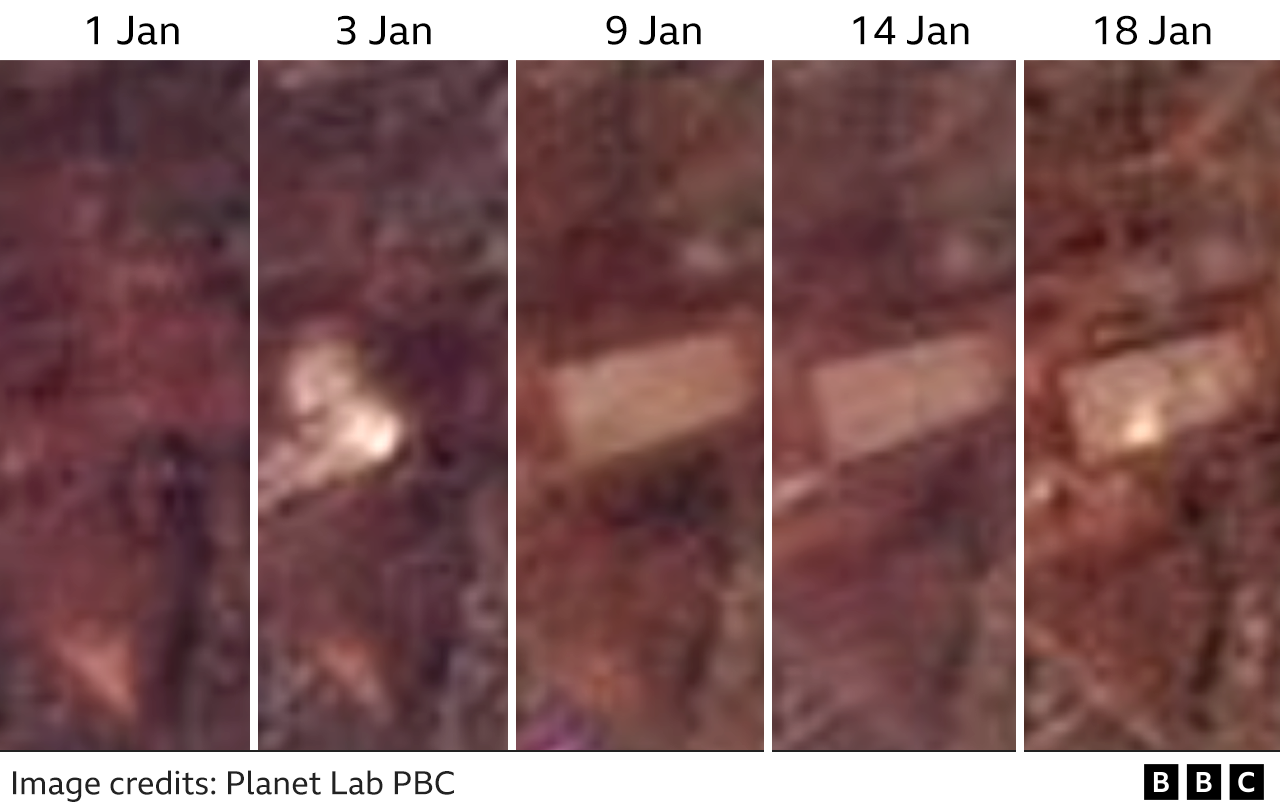 Five separate pieces of satellite imagery taken on various days since 1 January show gradual construction at the site.