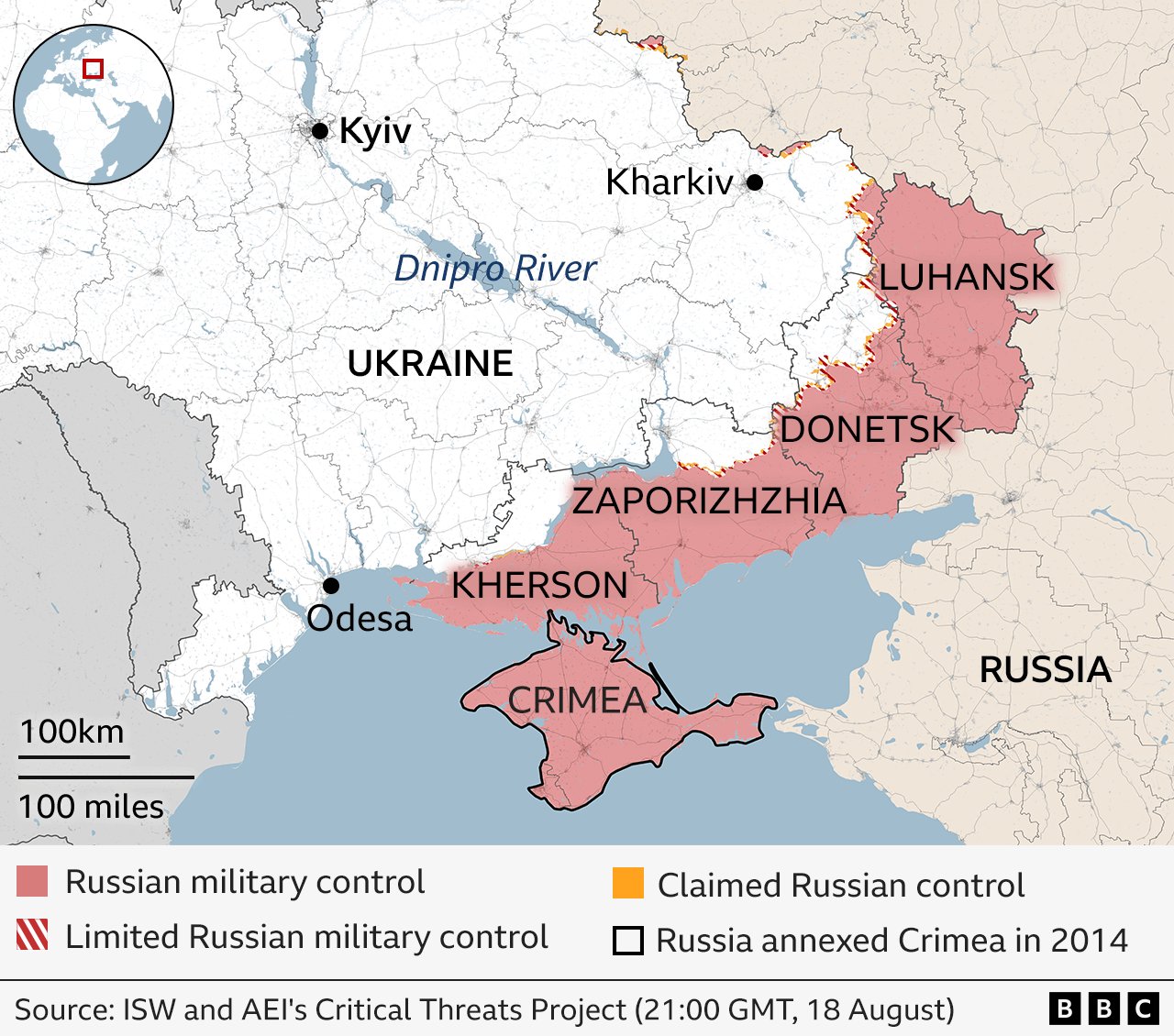 Ukraine regions map showing Russian military control in red