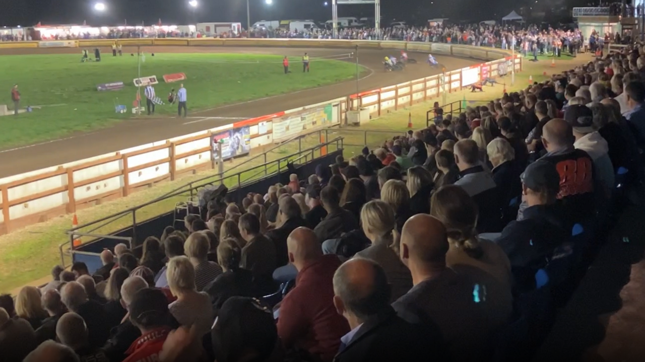 Crowds watching the speedway team at the showground 