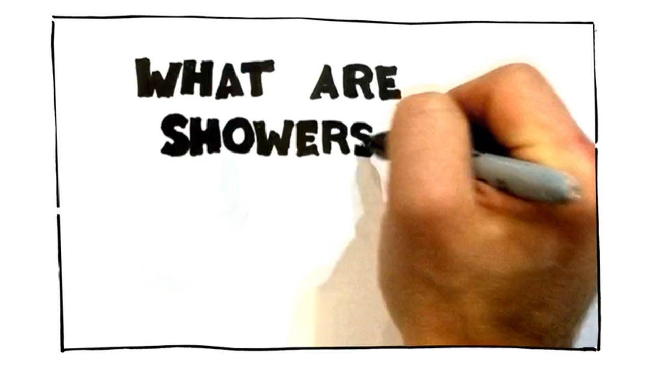 A hand holding a black pen is completing writing the sentence What are Showers