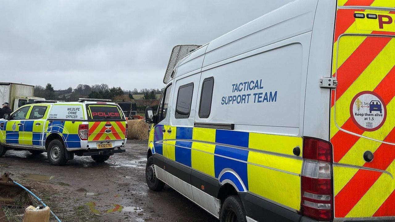 Two Cambridgeshire police vehicles. One is a large car which says POLICE on the back in red writing. The other is a white police marked van which says TACTICAL SUPPORT TEAM in red writing.