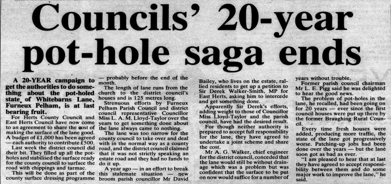 Article dating back to 1980 from the local paper, the Herts Mercury, saying two Hertfordshire councils had agreed to share the cost of repairing the road.