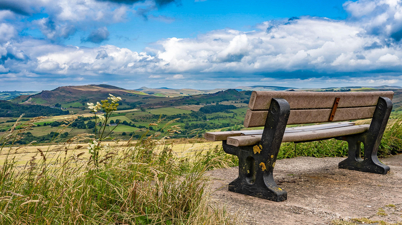 An empty wooden bench on the right looking towards a hillside near Leek. Rolling, green hills are in the background with long grasses and as field in front of the bench