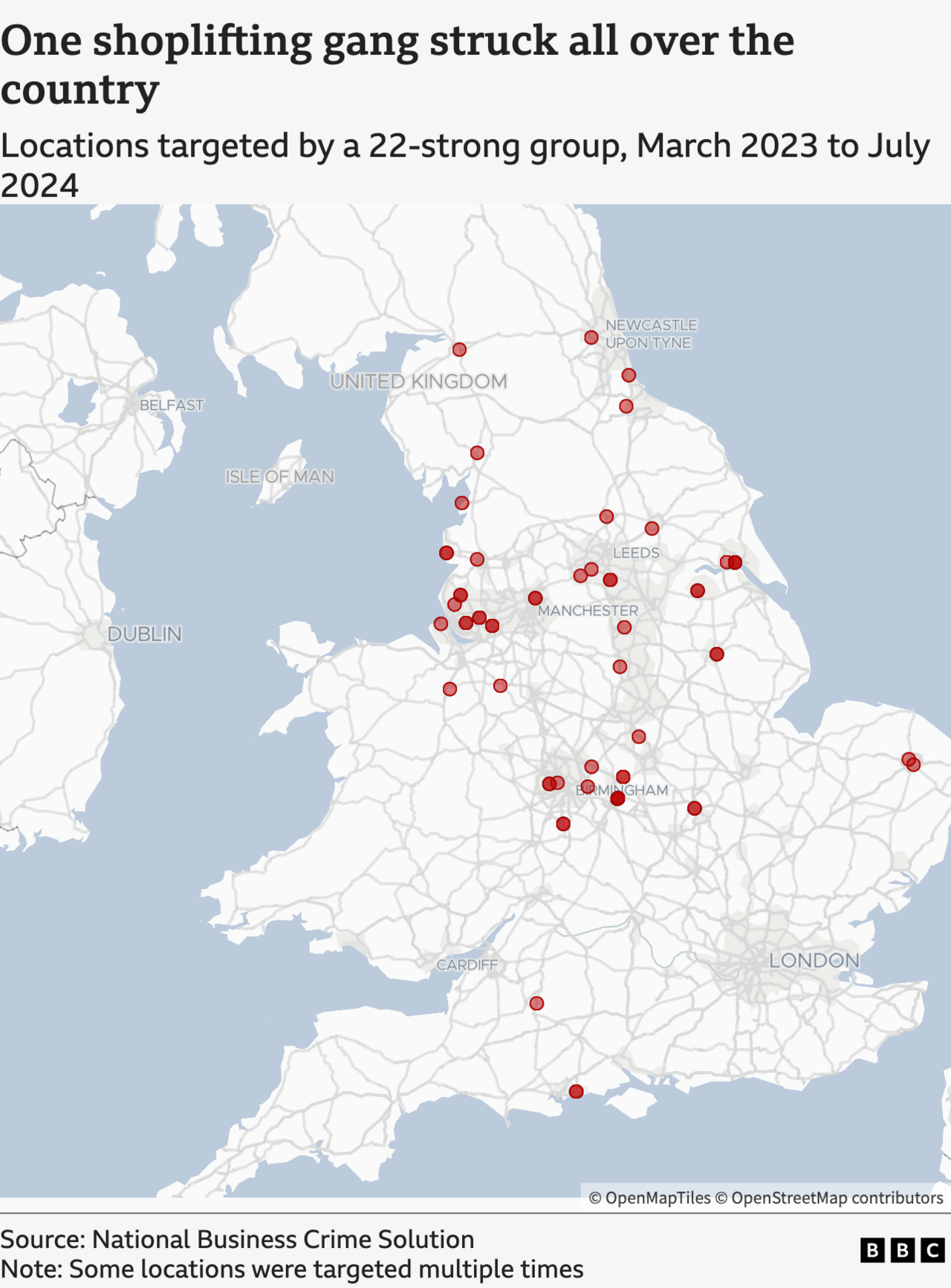 Map of England and Wales showing locations targeted by a shoplifting gang. The map uses dots showing the location of different incidents. There are clusters of dots in Liverpool and up the north-west coast of England, one dot in Wrexham, Wales, dots across the north of England as far up as Newcastle-upon-Tyne. There are also clusters in the West Midlands and a few spread out as far east as Norwich and as far south as Dorset.