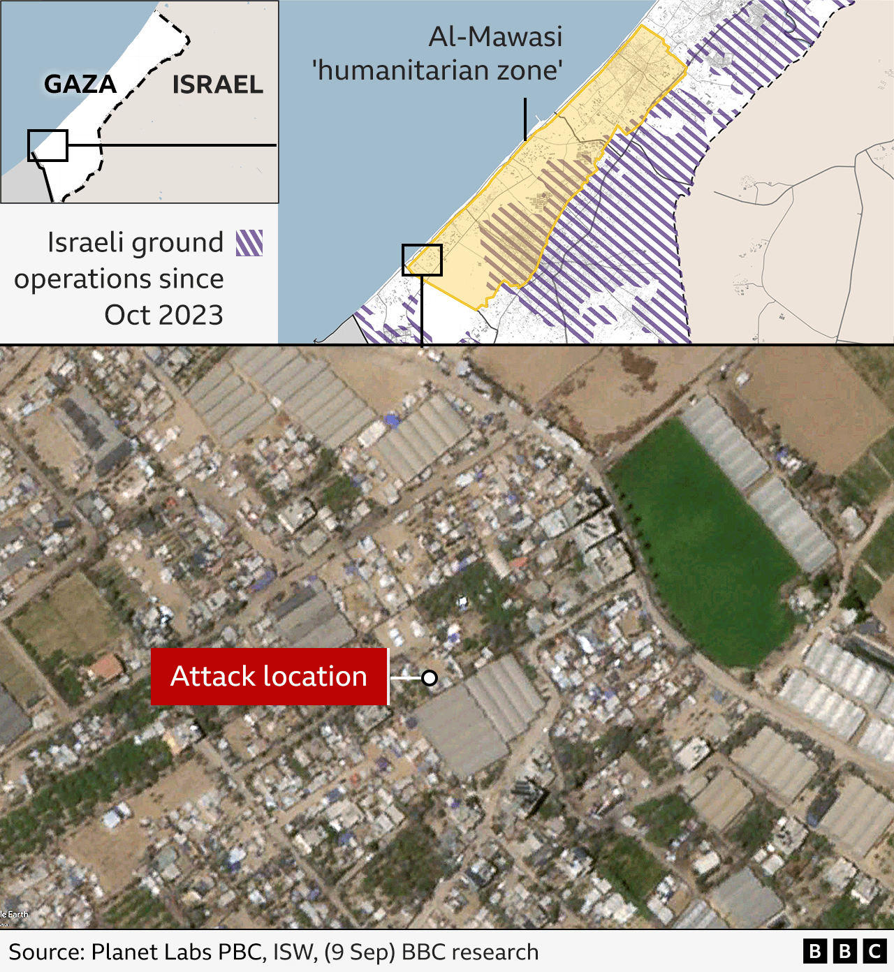 Map showing location of Israeli air strike on al-Mawasi humanitarian area, in southern Gaza, on 10 September 2024