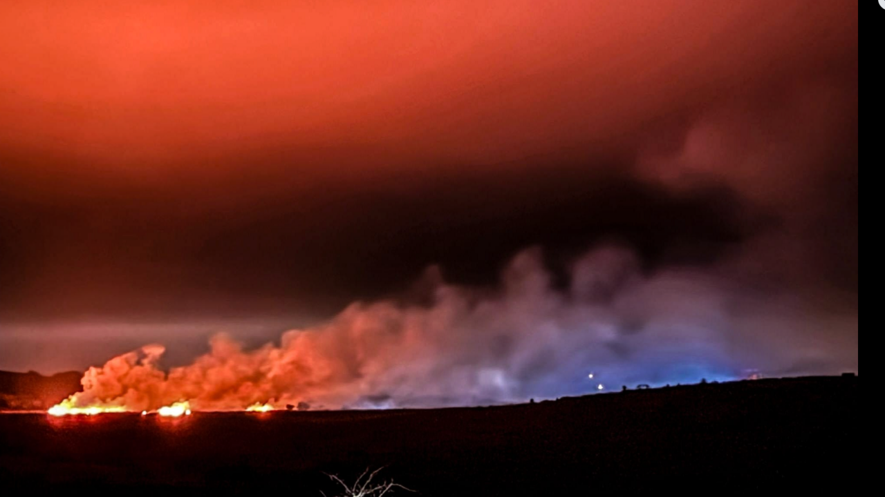 This picture shows a nighttime landscape dominated by a large fire burning in the distance on Dartmoor. The sky is lit up with a vivid orange-red glow from the flames and smoke, which rise in thick plumes and merge into the darkness above. Bright flames stretch across the horizon, suggesting the fire is active and possibly spreading. In the foreground, dark silhouettes of trees and bushes stand out against the illuminated sky, creating a stark contrast that emphasises the intensity of the scene.