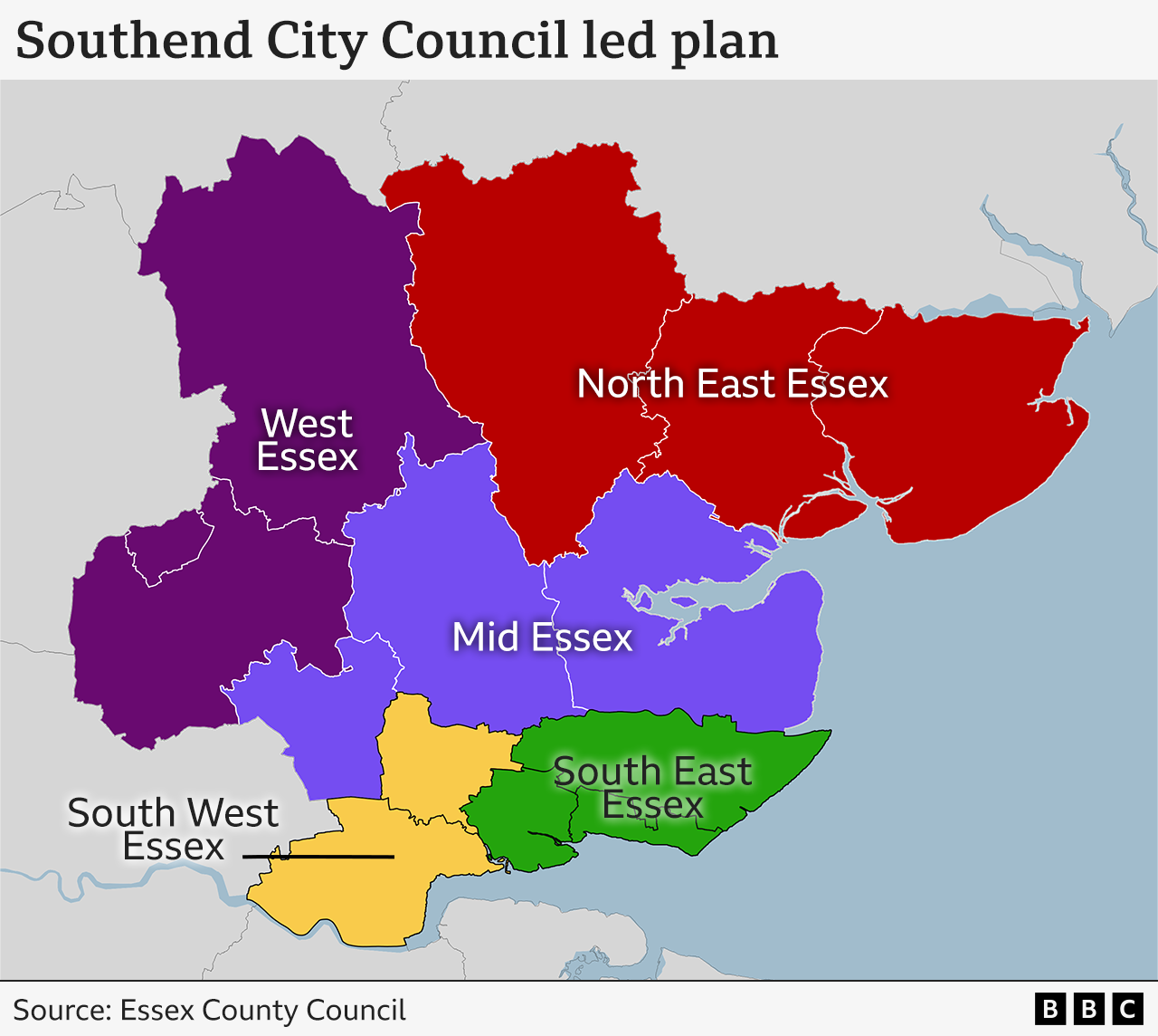 A map of Essex, but divided into five sections, denoted by colour: South West Essex in yellow; South East Essex in green; Mid Essex in purple; West Essex in a darker purple; and North East Essex in red.