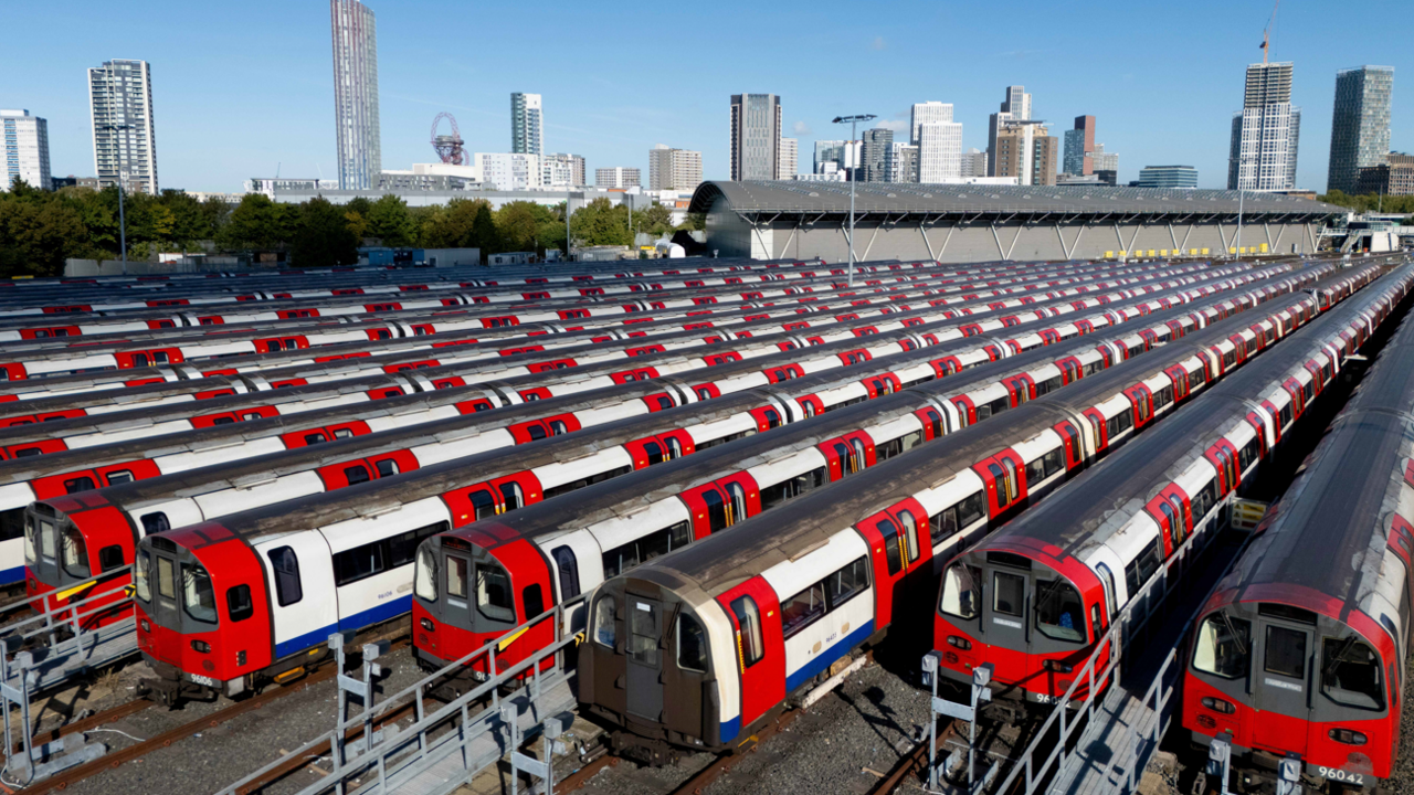 An aerial picture taken with a drone shows London Underground tube trains parked at Stratford Market Depot as the second day of the Tube strike