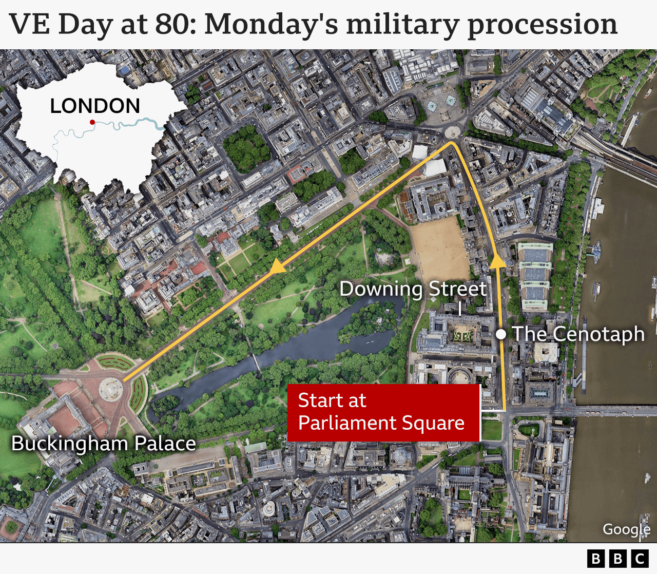 A map showing the VE Day military procession on 5 May. It will start at Parliament Square, travel down Whitehall, past the Cenotaph, through Admiralty Arch and up the Mall.