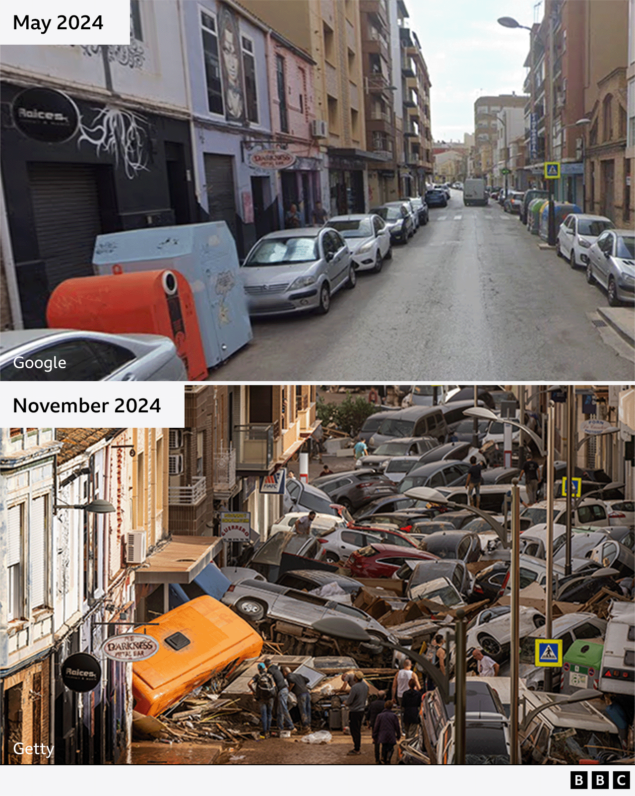 A comparison image which shows a street in May 2024, and the same street in November 2024 covered in damaged cars