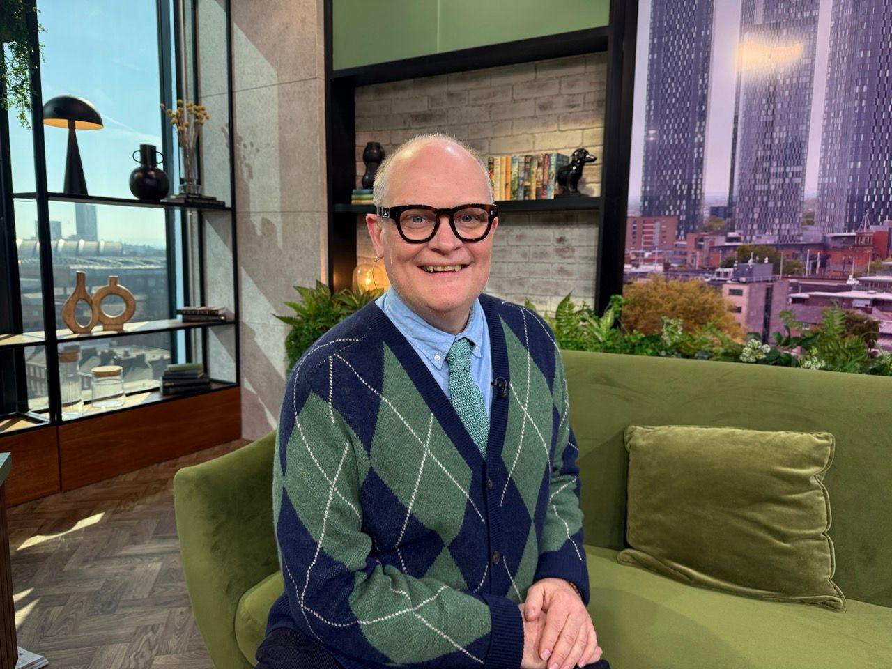 Gary Rycroft in the Morning Live studio wearing a blue and green pattern cardigan