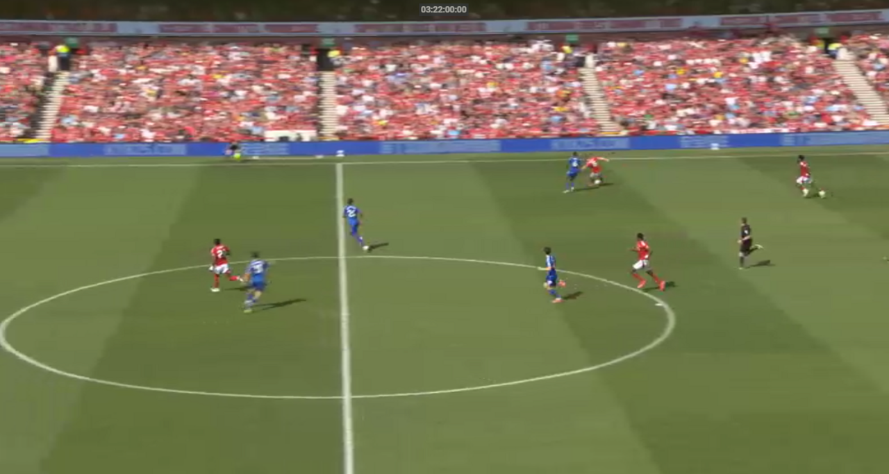 Anthony Elanga in an offside position during Nottingham Forest's match against Leicester City