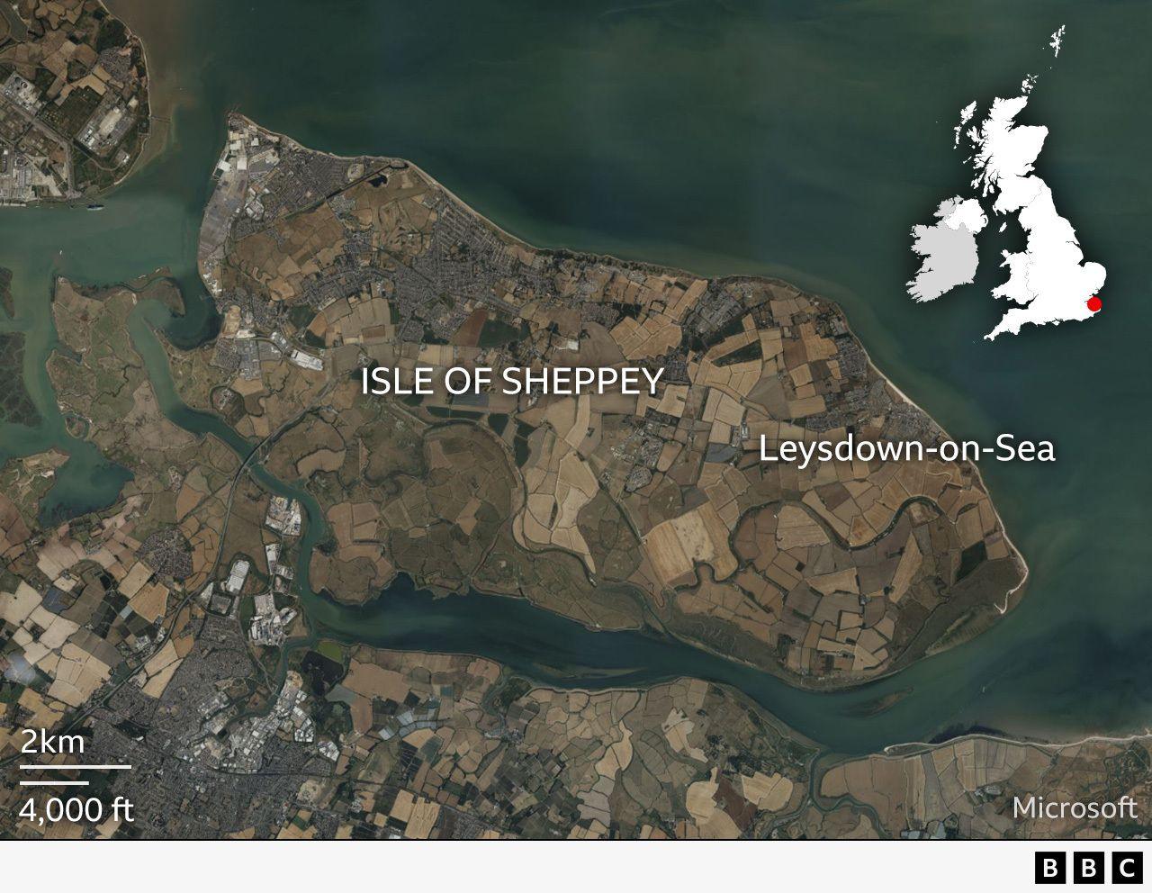 A map of the Isle of Sheppey. Leysdown-on-Sea is marked on the right of the map. A smaller map of Great Britain is embedded in the top right corner.