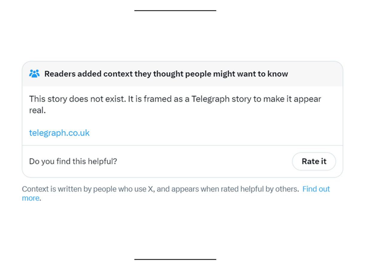 A community note from X, which reads: "This story does not exist. It is framed as a Telegraph story to make it appear real".