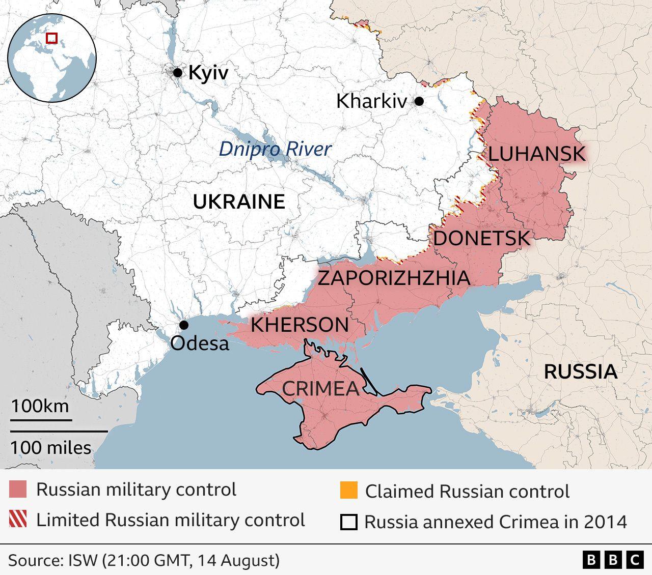 Map of Ukraine showing regions under Russian military control shaded red, limited control in red stripes, and claimed control shaded yellow as of 13 August. The regions of Luhansk, Donetsk, Zaporizhzhia, Kherson – with almost all of Luhansk shaded red and much of the other three provinces also under Russian control. Crimea which was annexed by Russia in 2014 is also are marked as under Russian control. Major cities labelled include Kyiv, Kharkiv, and Odesa. Source: ISW