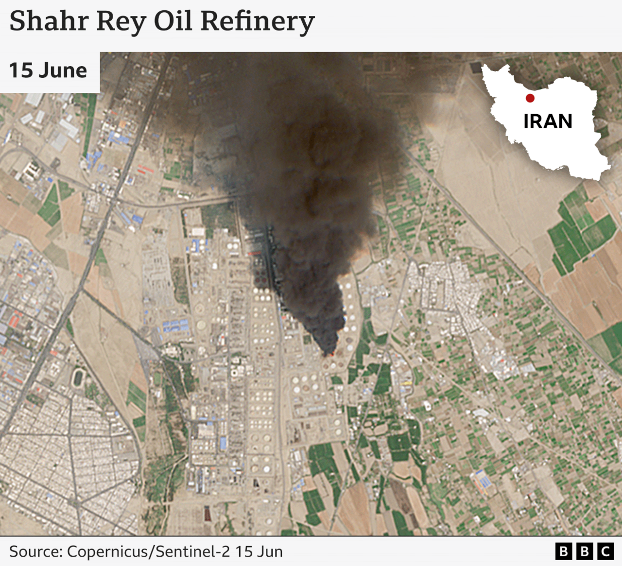 Satellite image of Shahr Rey Oil Refinery with large cloud of black smoke rising. Iran map locator top right.