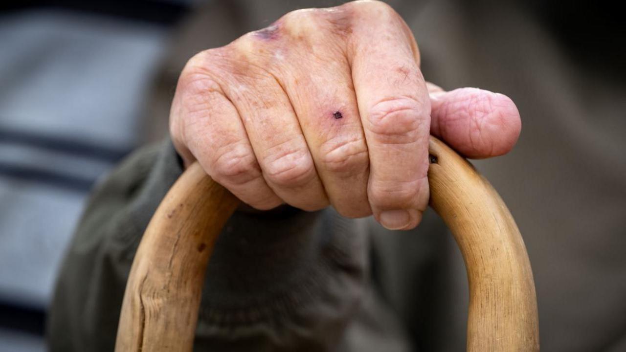 A close-up of the hand of an elderly man holding a wooden walking stick.