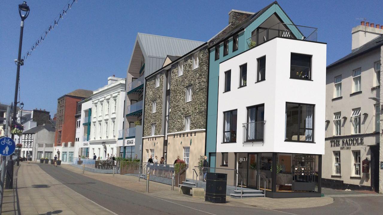 A CGI of the site, which has a modern white building with large windows and a terrace. Next to it is the large former Newson's site, with a stone front and terracotta-coloured base.