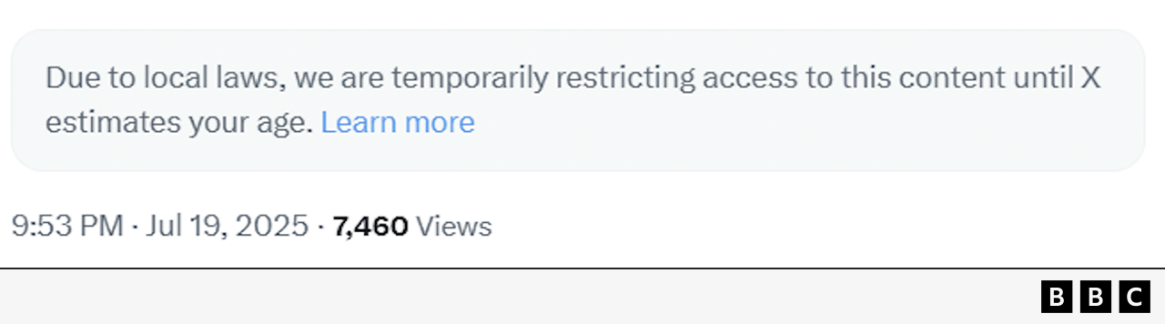 A graphic showing the message used by X to users who have not verified their age. It reads: "Due to local laws, we are temporarily restricting access to this content until X estimates your age."
