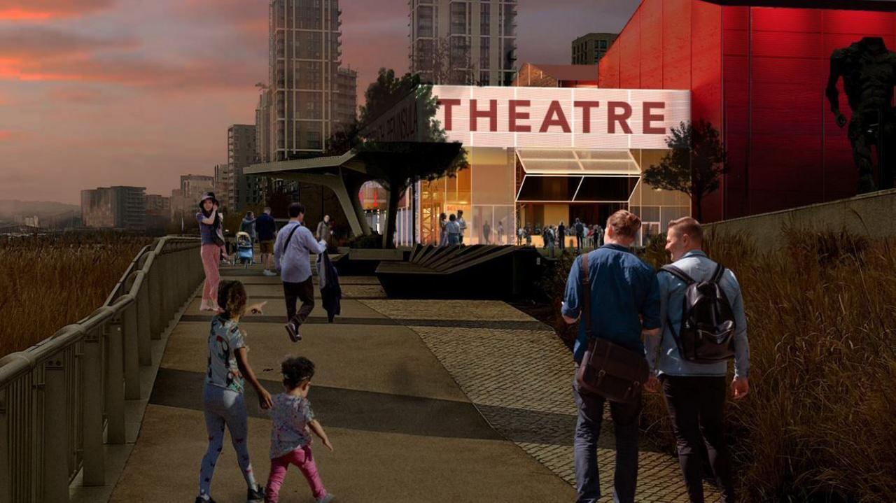 An artists' impression of the new theatre, which shows groups of people walking along the pavement on the approach to the venue that has a modern design with the word 'theatre' in big capital letters in red. The sun is setting with some big buildings in the background behind the theatre.