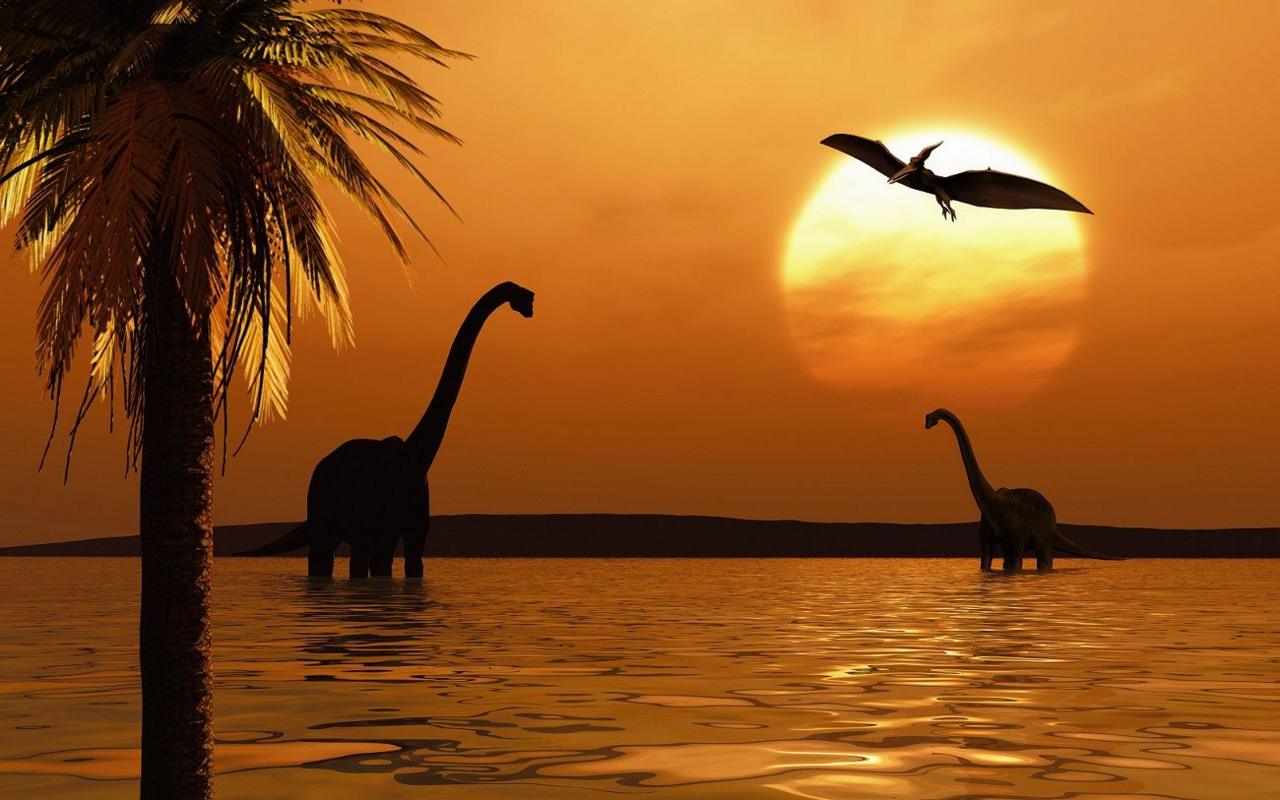 Two-Sauropods-in-the-Sea-and-a-Archeopterix-flying-above-them.