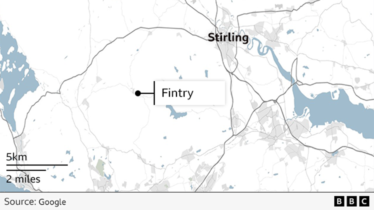 A map of central Scotland with Fintry and Stirling highlighted