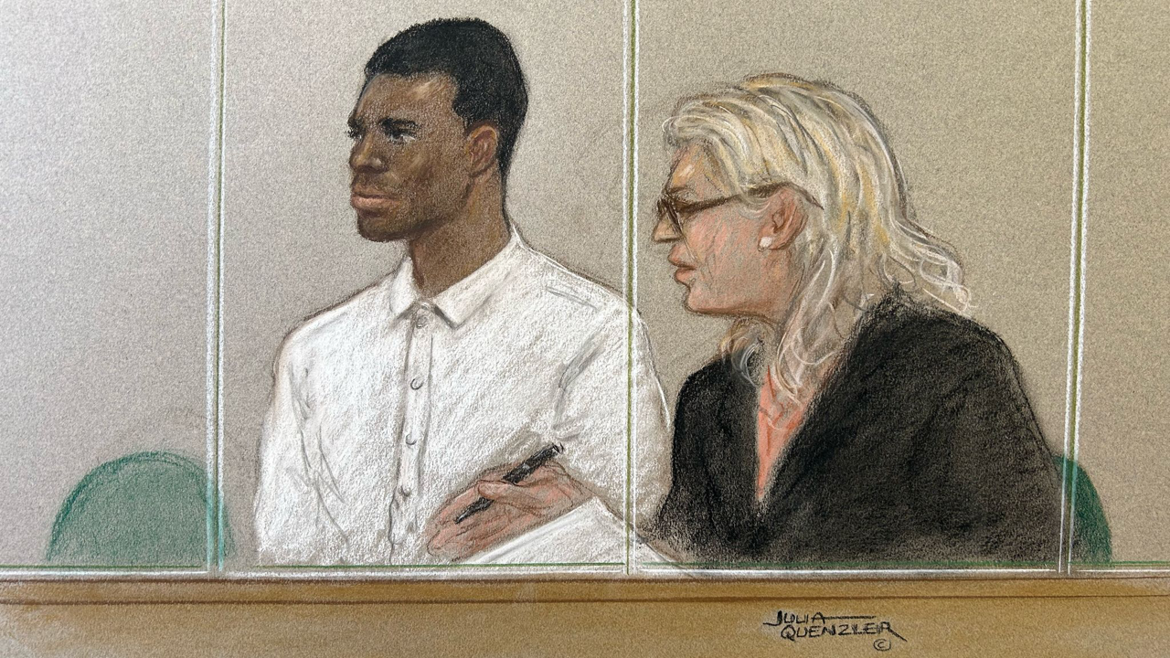 Court drawing of Yostin Mosquera (and interpreter) appearing at the Old Bailey.