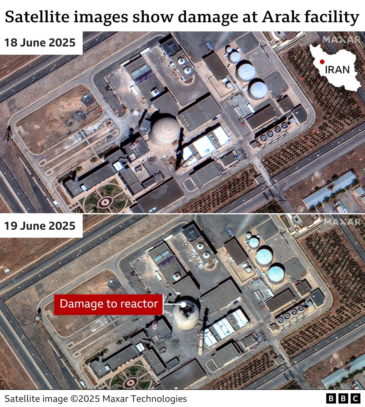 Satellite images showing damage to the Arak heavy water reactor in central Iran following Israeli air strikes (19 June 2025)